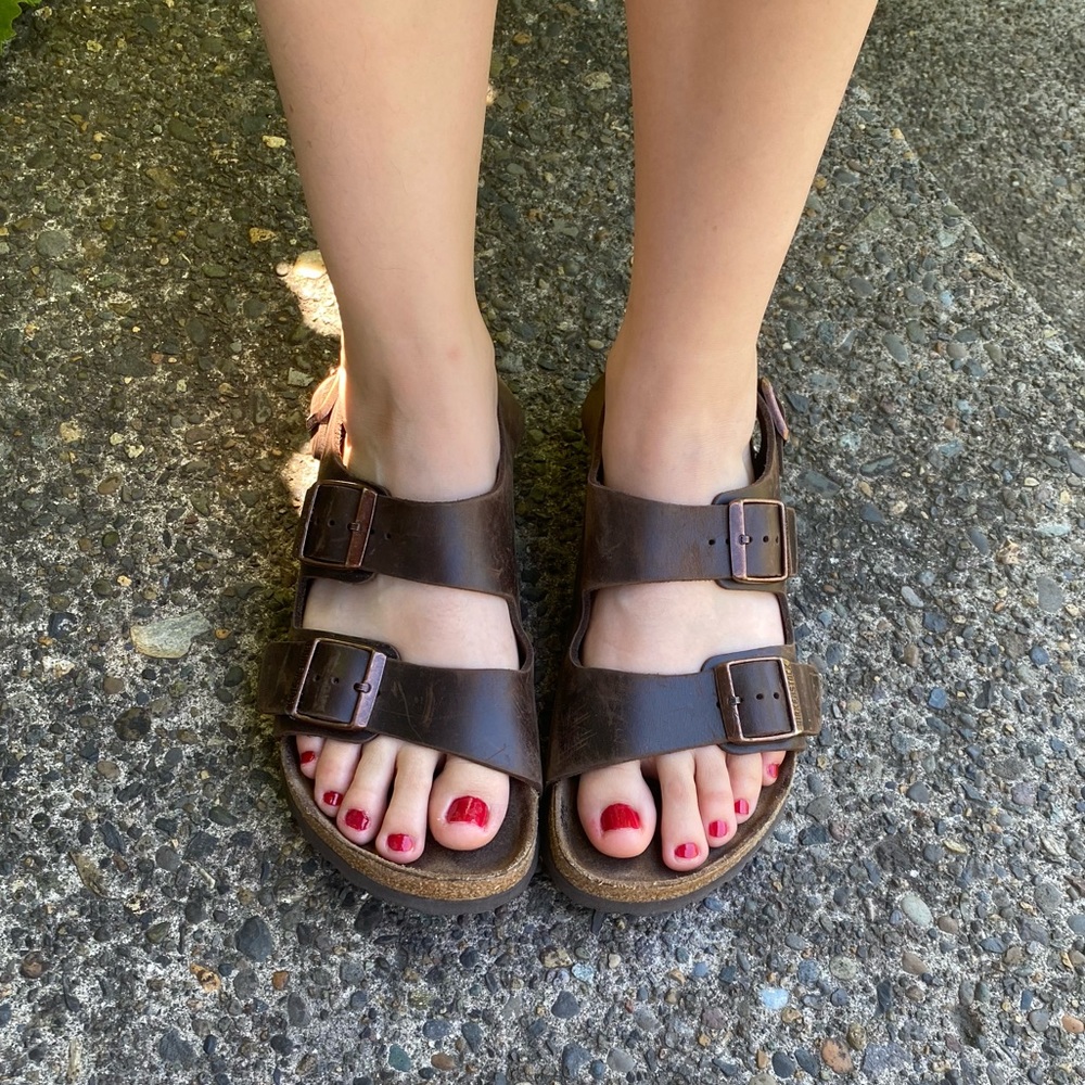 Birkenstock’s brown sandals with three straps